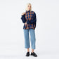 Check color combination balloon sleeve sweatshirt navy (wundergeist777) ＠SEOUL