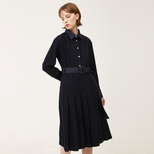 Denim color combination pleated long dress navy (wundergeist777) ＠SEOUL
