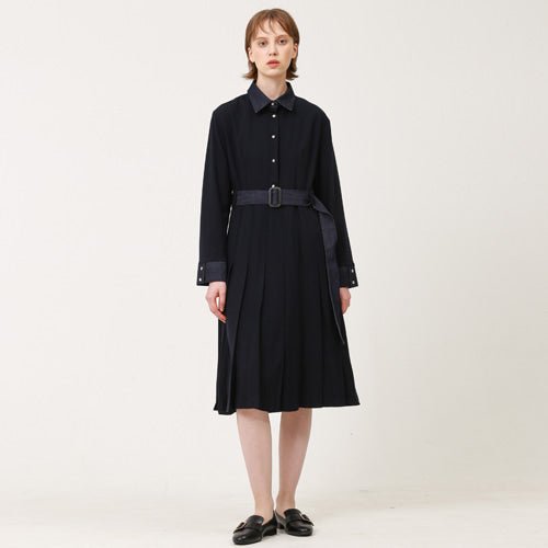 Denim color combination pleated long dress navy (wundergeist777) ＠SEOUL