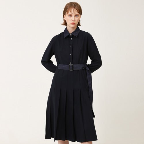 Denim color combination pleated long dress navy (wundergeist777) ＠SEOUL