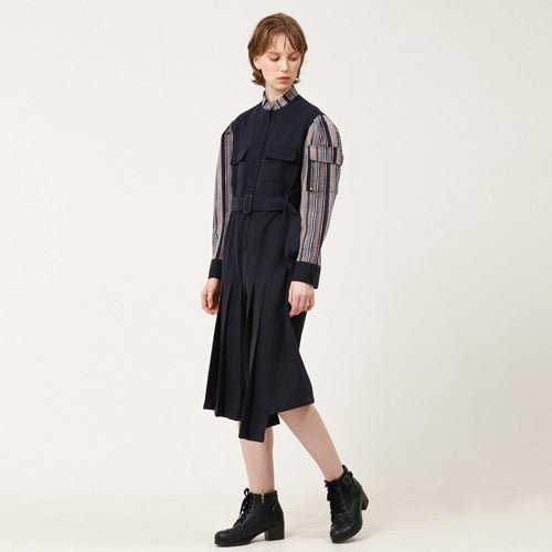Jacquard color combination puff sleeve pleated long dress navy (wundergeist777) ＠SEOUL