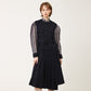 Jacquard color combination puff sleeve pleated long dress navy (wundergeist777) ＠SEOUL