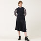 Jacquard color combination puff sleeve pleated long dress navy (wundergeist777) ＠SEOUL
