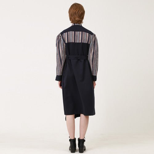 Jacquard color combination puff sleeve pleated long dress navy (wundergeist777) ＠SEOUL