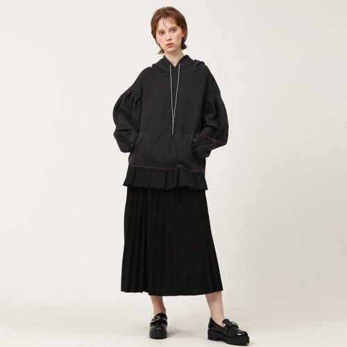 Puff sleeve overfit ruffle hoodie sweatshirt charcoal gray (wundergeist777) ＠SEOUL