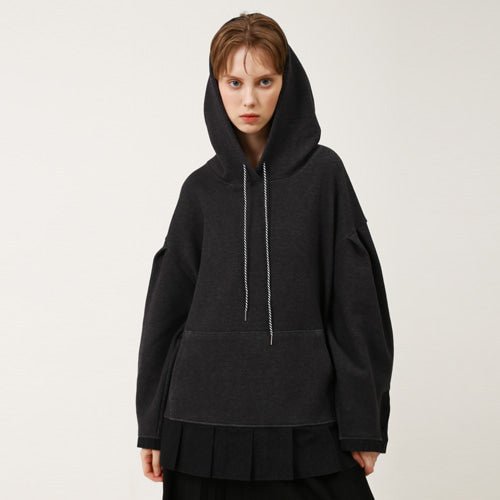 Puff sleeve overfit ruffle hoodie sweatshirt charcoal gray (wundergeist777) ＠SEOUL