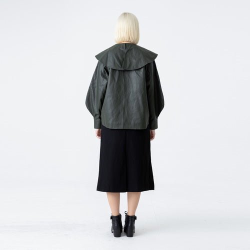 Raglan sailor collar bishop sleeve eco leather khaki blouse (wundergeist777) ＠SEOUL