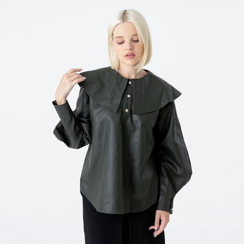 Raglan sailor collar bishop sleeve eco leather khaki blouse (wundergeist777) ＠SEOUL