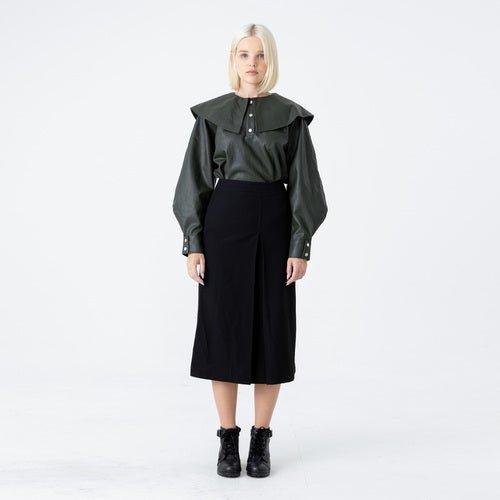 Raglan sailor collar bishop sleeve eco leather khaki blouse (wundergeist777) ＠SEOUL