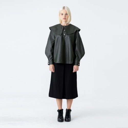 Raglan sailor collar bishop sleeve eco leather khaki blouse (wundergeist777) ＠SEOUL