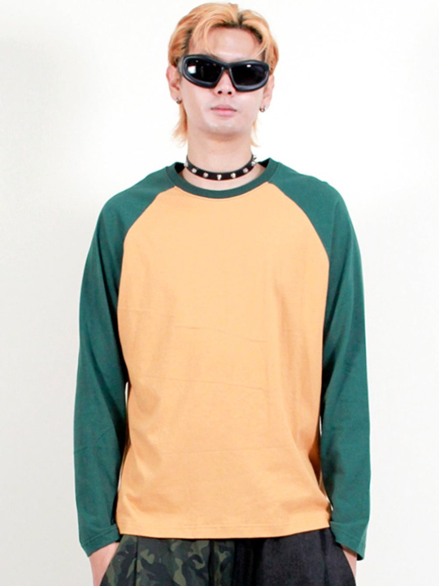 ラグラン配色無地長袖Tシャツ カーキ&マスタード (Demarc) ＠SEOUL