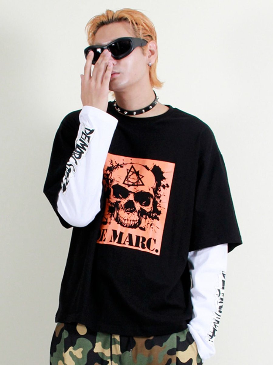 骸骨グラフィック入りダブルスリーブロングスリーブTシャツ（ブラック） (Demarc) ＠SEOUL
