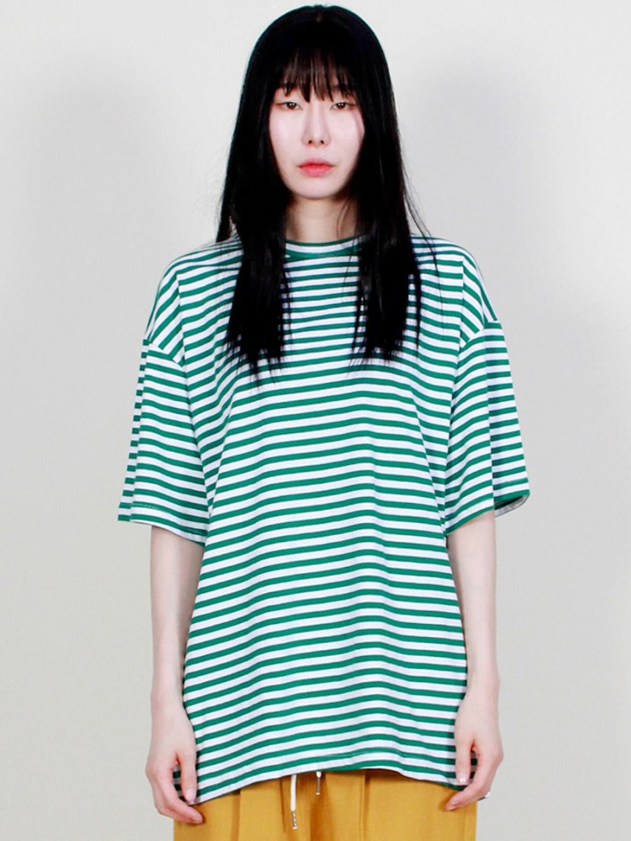オーバーサイズのストライプ半袖Tシャツ（グリーン） (Demarc) ＠SEOUL