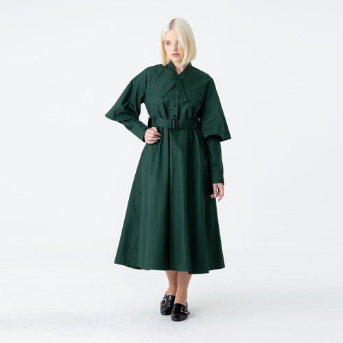 Tie neck collar flare long dress green (wundergeist777) ＠SEOUL