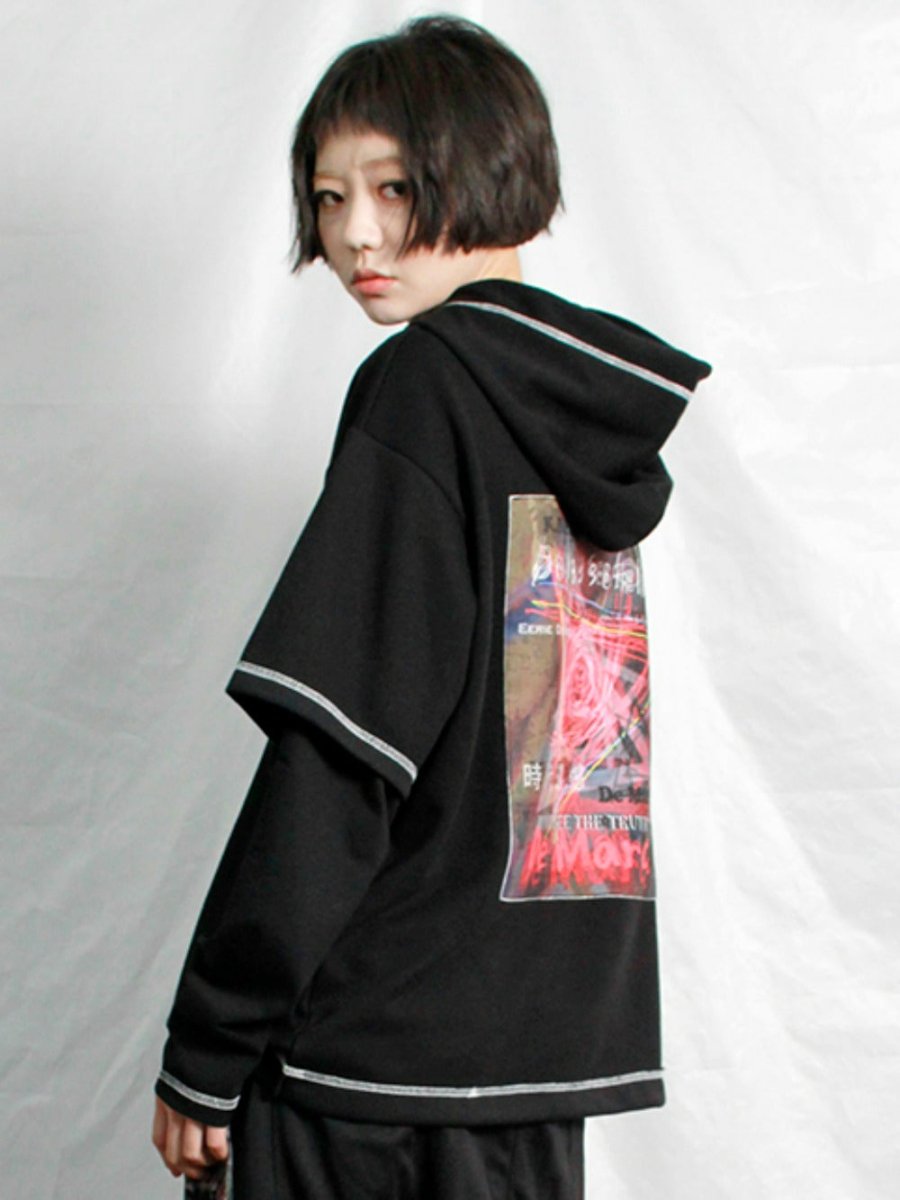 BACKGRAPHIC DOUBLESLEEVE STRING HOODIE BLACK (Demark) ＠SEOUL