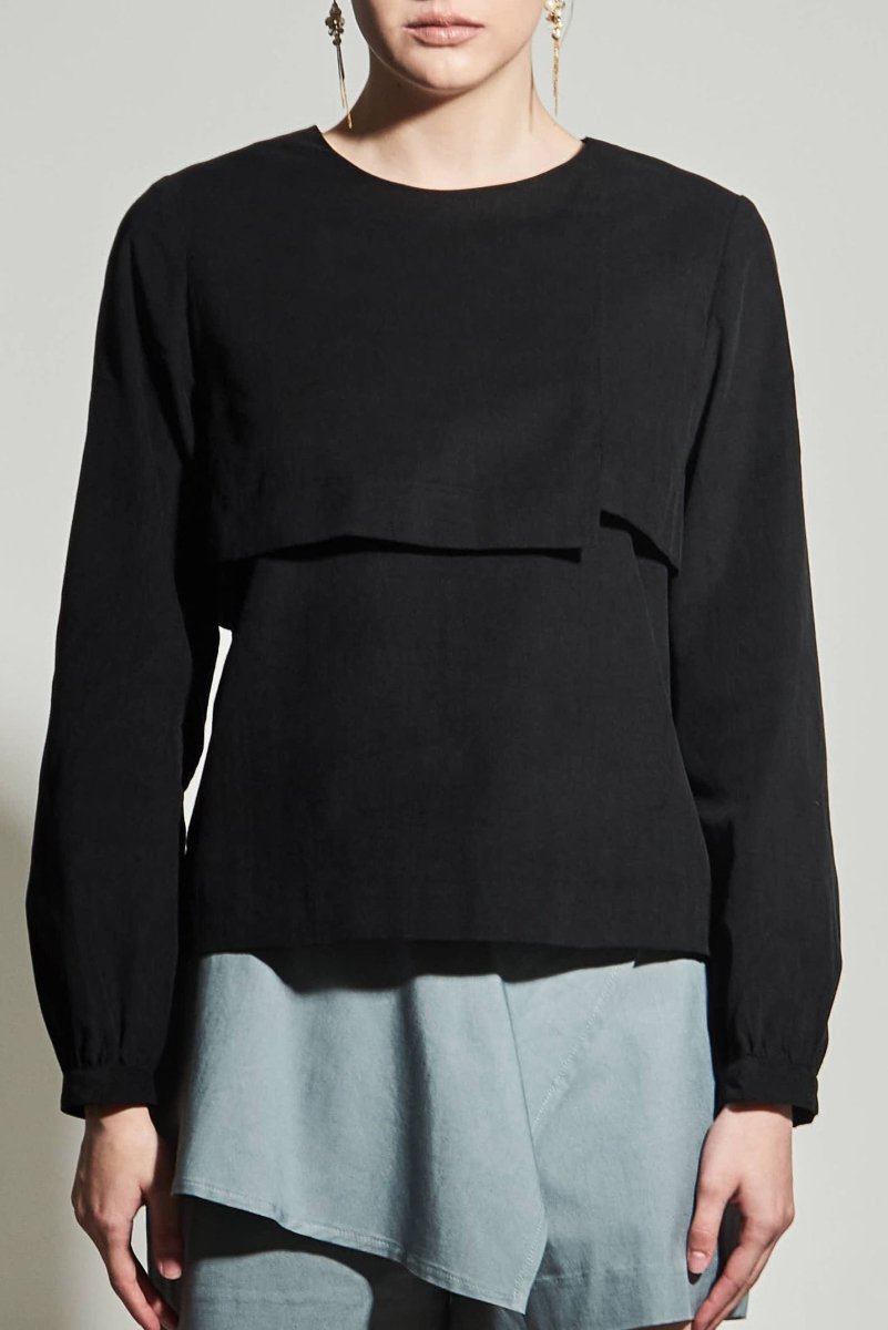 CORDUROY LAYERED BLOUSE-ブラック - ＠SEOUL