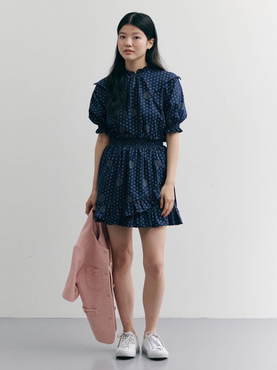 ETHNIC SMOCKING SKIRT_NAVY - ＠SEOUL