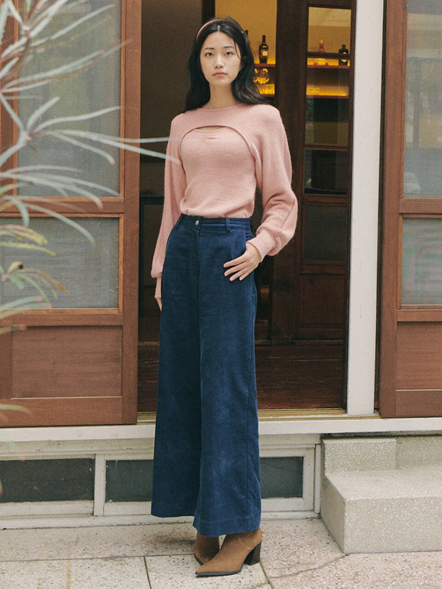 INDIGO CORDUROY SLIT PANTS_NAVY - ＠SEOUL