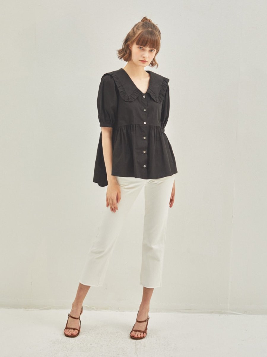 Lilly Frill Blouse Black - ＠SEOUL