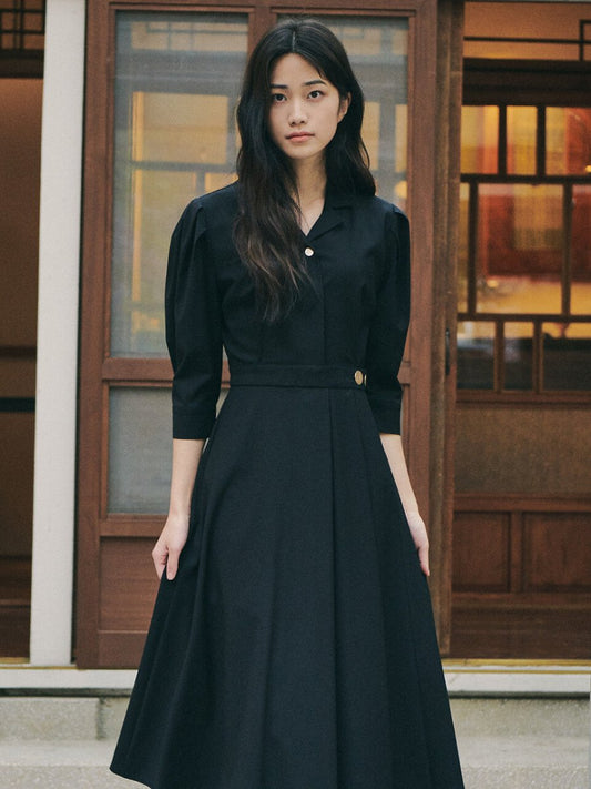 LMJ GOLD BUTTONED WRAP DRESS_BLACK - ＠SEOUL