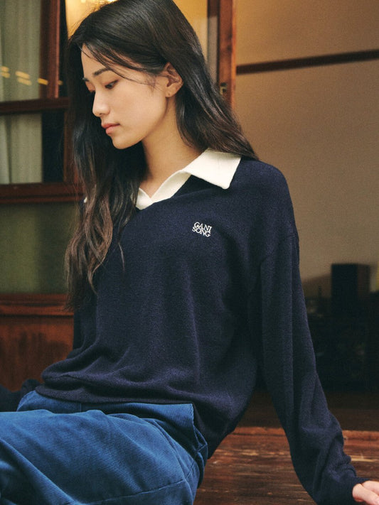 OPEN COLLAR KNIT SWEATER_NAVY - ＠SEOUL