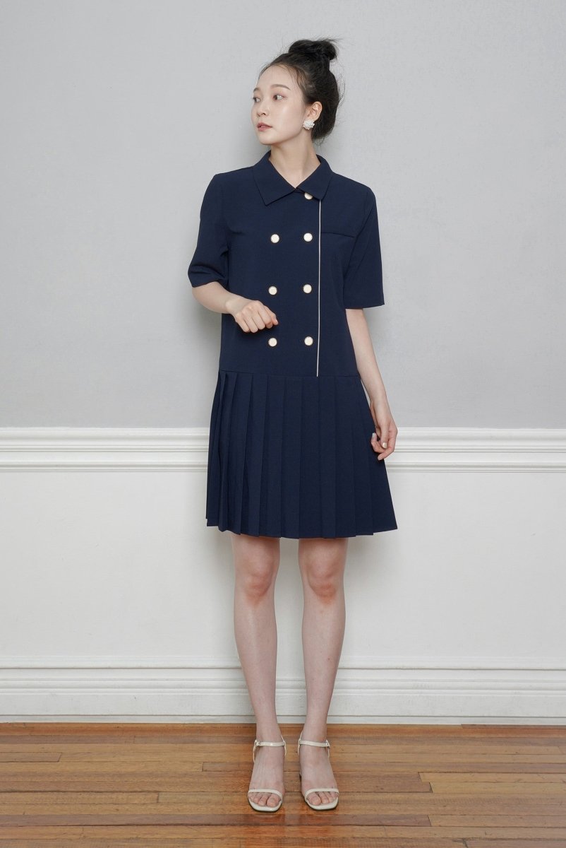 PLEATED DOUBLE BUTTON JACKET ONE-PIECE_NAVY - ＠SEOUL