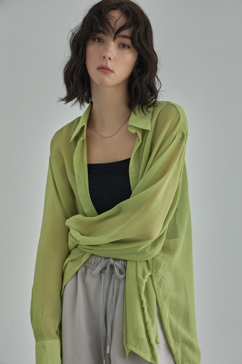 SeeThrough Rinkle Blouse -Yellow Green - ＠SEOUL