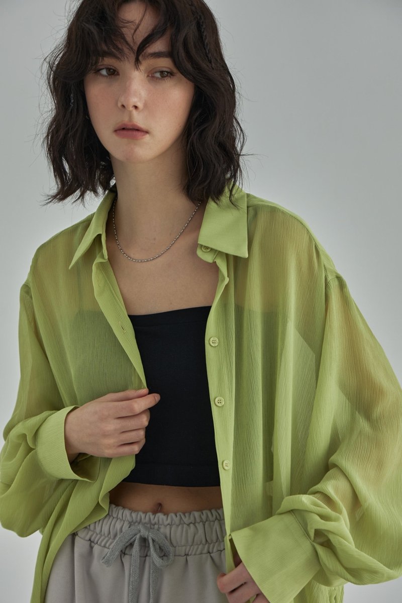 SeeThrough Rinkle Blouse -Yellow Green - ＠SEOUL