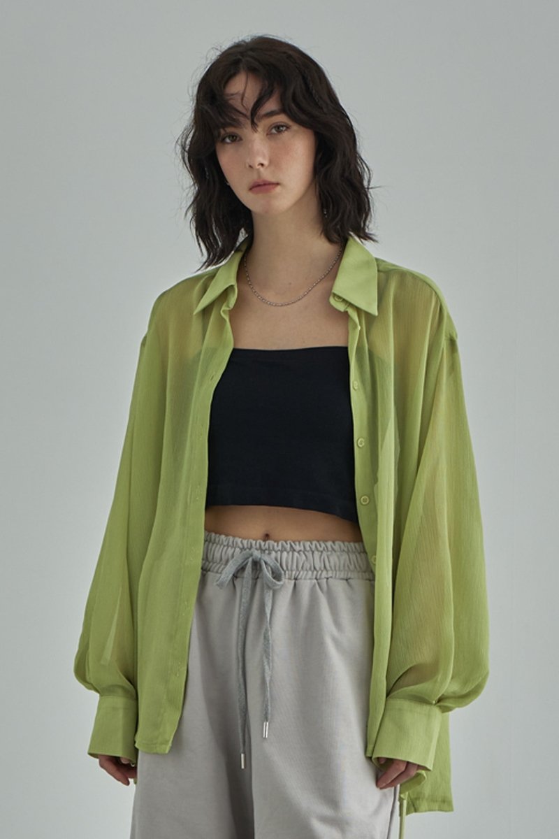 SeeThrough Rinkle Blouse -Yellow Green - ＠SEOUL